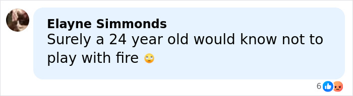 Comment by Elayne Simmonds expressing disbelief about a 24-year-old not knowing not to play with fire related to Swiss ski resort fire.