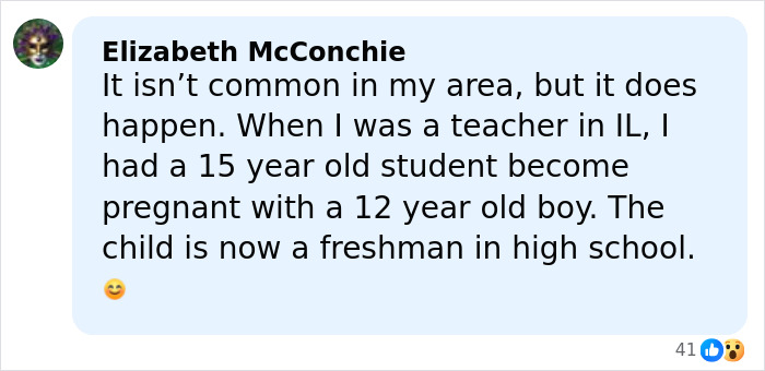 Screenshot of a Facebook comment discussing a 15-year-old getting pregnant with a 12-year-old’s child and family impact.