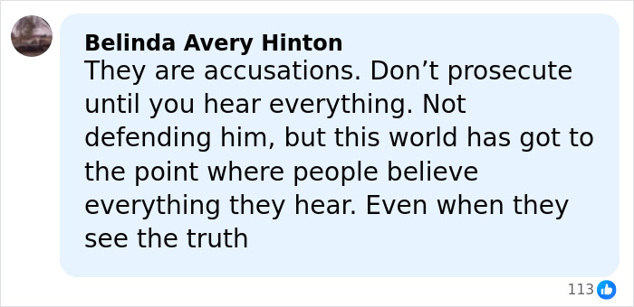 Comment by Belinda Avery Hinton discussing accusations, truth, and caution before prosecution in a social media post.