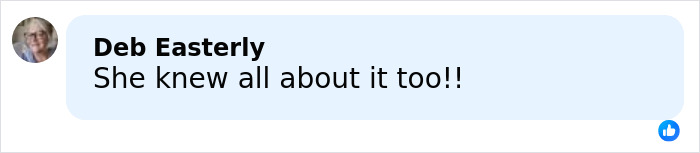 Screenshot of a Facebook comment by Deb Easterly saying she knew all about it, related to Melissa Gilbert and Timothy Busfield incident.