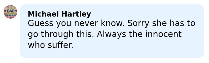 Comment from Michael Hartley expressing sympathy about Melissa Gilbert after Timothy Busfield's police surrender.