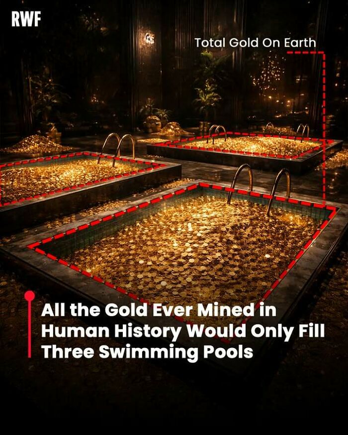 Three swimming pools filled with all the gold ever mined, a fascinating fact that lingers in your head for days.
