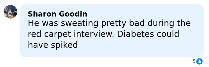 Comment by Sharon Goodin discussing Nick Jonas sweating during Golden Globes 2026 red carpet interview related to health concerns.
