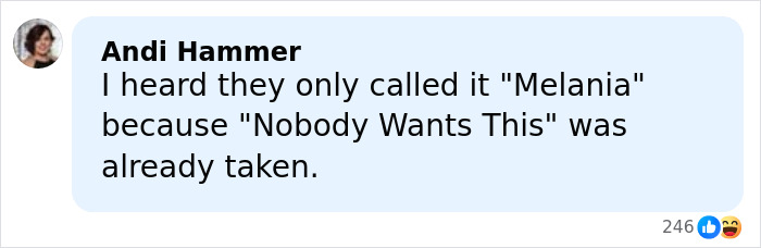 Comment on social media referring to Melania Trump's documentary with humorous tone and viral image reaction emojis.