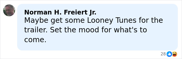 Comment by Norman H. Freiert Jr. suggesting Looney Tunes for Melania Trump documentary trailer, highlighting viral images reaction.