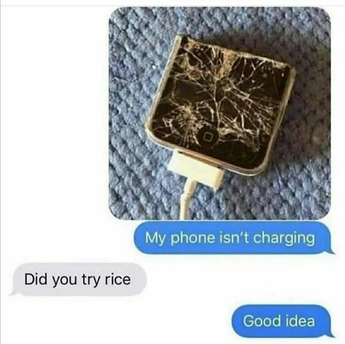 C*****d phone charging with cable meme showing funny Eastern European experience advice to use rice.