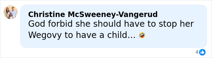 Comment about Meghan Trainor&rsquo;s secret surrogate baby with a laughing emoji reacting to Wegovy mention.