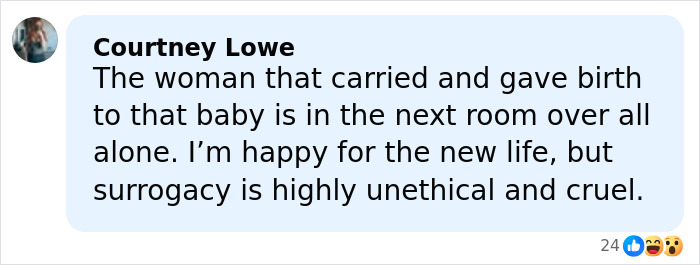 Facebook comment criticizing surrogacy, highlighting the ethical concerns about Meghan Trainor&rsquo;s secret surrogate baby.