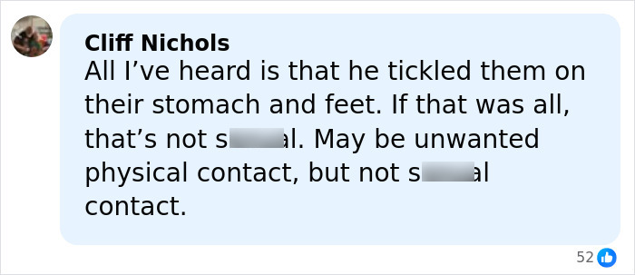 Social media comment discussing denial in Timothy Busfield&rsquo;s case with accusers disputing claims of horrific crimes.