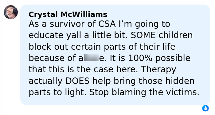 Screenshot of a social media comment discussing therapy and victim blaming in the context of a***e claims involving Timothy Busfield.