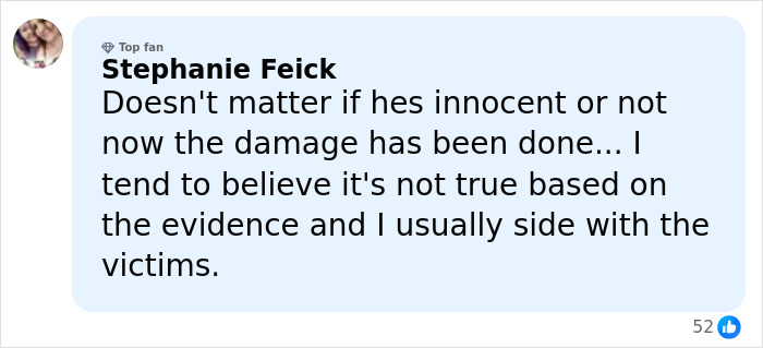 Screenshot of a social media comment discussing Timothy Busfield case with doubts about evidence from accusers.