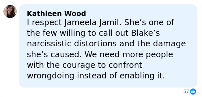 Comment praising British actress Jameela Jamil for confronting Blake Lively&rsquo;s behavior and calling out wrongdoing.