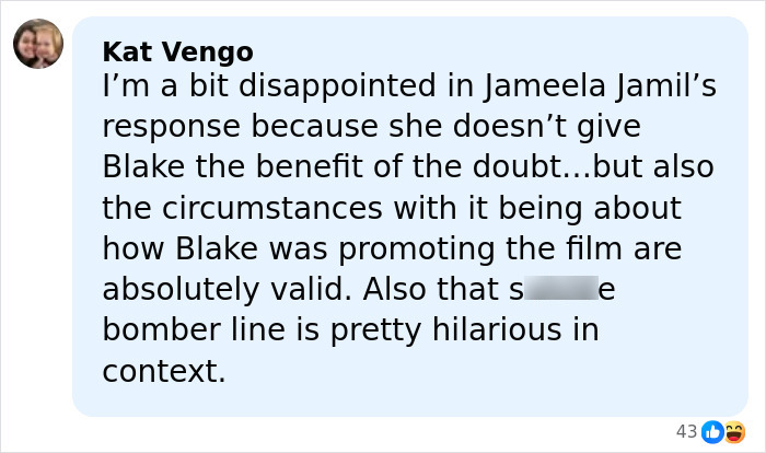 Screenshot of a social media comment discussing British actress Jameela Jamil's criticism of Blake Lively in revealed texts.