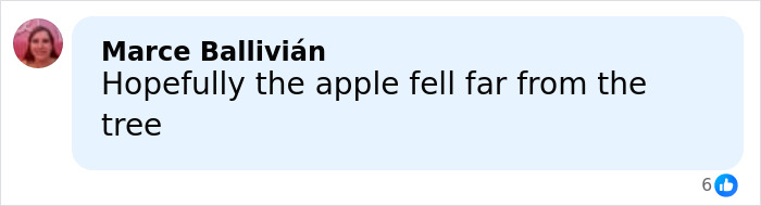 Comment from Marce Ballivián hoping the apple fell far from the tree in response to Barron Trump emergency call incident.