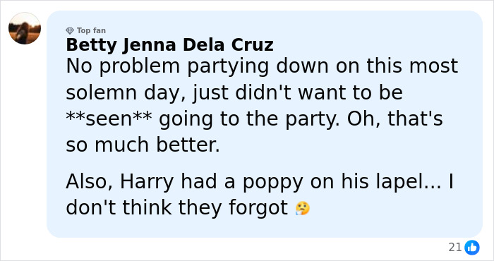 Comment by Betty Jenna Dela Cruz discussing Prince Harry and Meghan Markle with mention of a poppy on Harry&rsquo;s lapel.