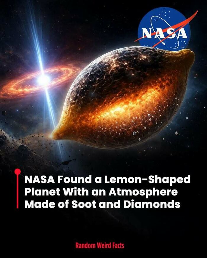 Lemon-shaped planet with an atmosphere of soot and diamonds discovered by NASA in a fascinating space fact.