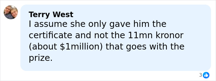 Comment by Terry West discussing the Peace Prize medal and certificate gifted to Trump after the Nobel Committee's silence.