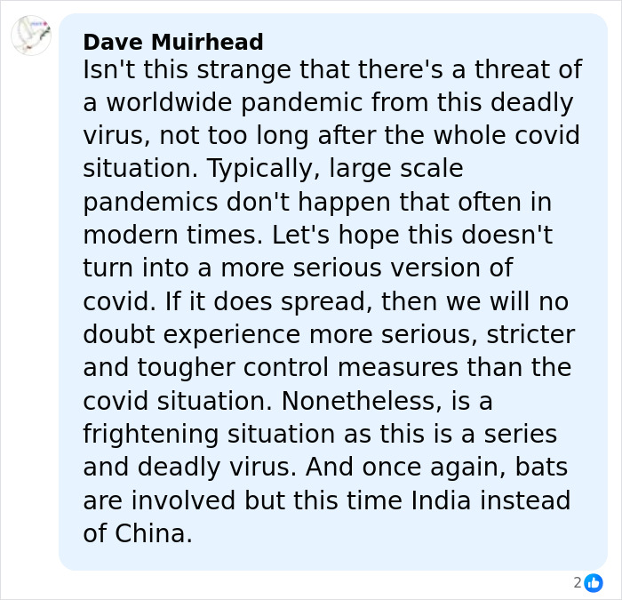 Comment discussing doctor warning about incurable virus outbreak causing COVID-style airport restrictions and pandemic concerns.