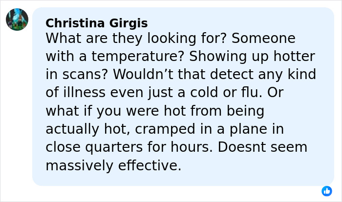 Comment discussing airport screening effectiveness during incurable virus outbreak causing COVID-style restrictions.