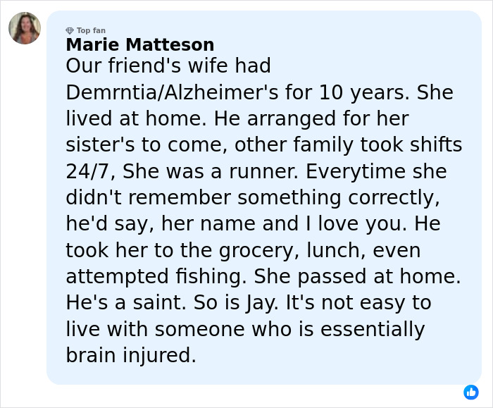 Screenshot of a social media comment discussing caregiving challenges related to dementia and Jay Leno's situation.