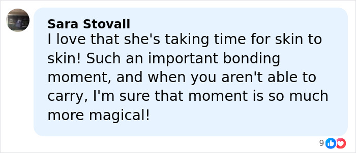 Comment praising Meghan Trainor&rsquo;s bonding moment with secret surrogate baby, highlighting skin to skin importance.