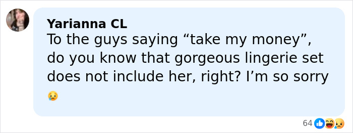 Comment from user Yarianna CL discussing fans' reactions to Sydney Sweeney's racy lingerie line and clarifying the model is not included.