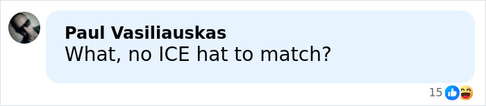 Screenshot of a social media comment by Paul Vasiliauskas questioning the absence of an ICE hat in a casual online discussion.