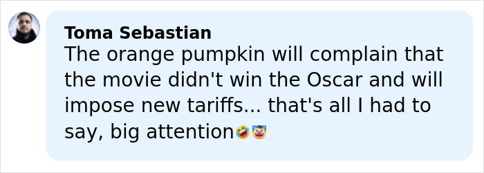 Comment by Toma Sebastian about Melania Trump's new documentary, mentioning Oscar and tariffs with emojis.