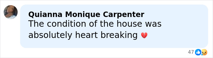 Screenshot of a social media comment describing the heart breaking condition of the house in a girl abandoned in mobile home case