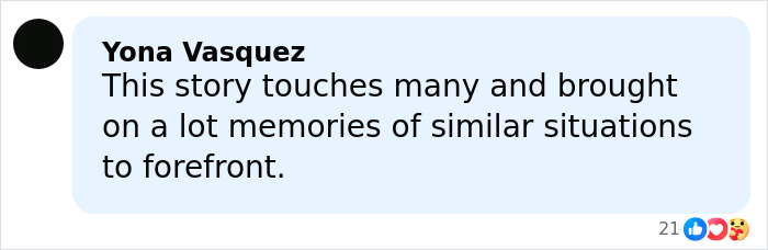 Facebook comment by Yona Vasquez discussing how the girl abandoned in mobile home story evokes memories of similar situations.