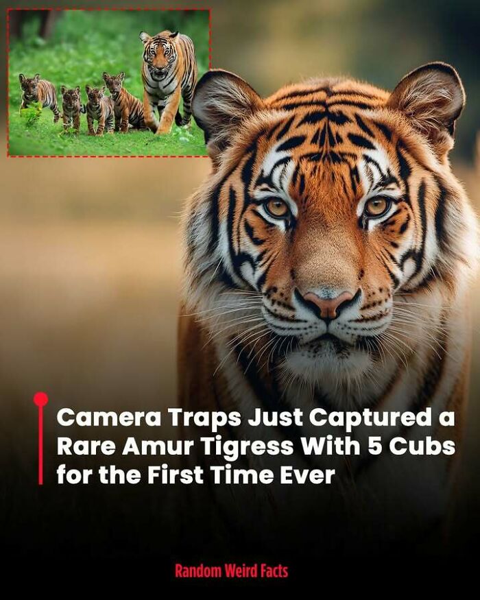 Close-up of a rare Amur tigress with five cubs captured by camera traps, showcasing unique facts that linger in your head.