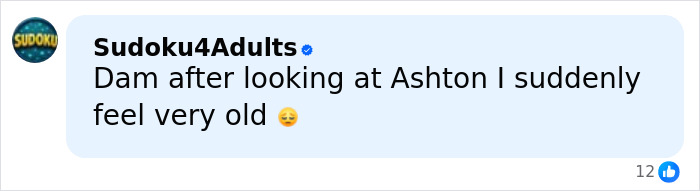 Comment from Sudoku4Adults about Ashton Kutcher's appearance reflecting guilt with a nostalgic emoji, viewed on social media.