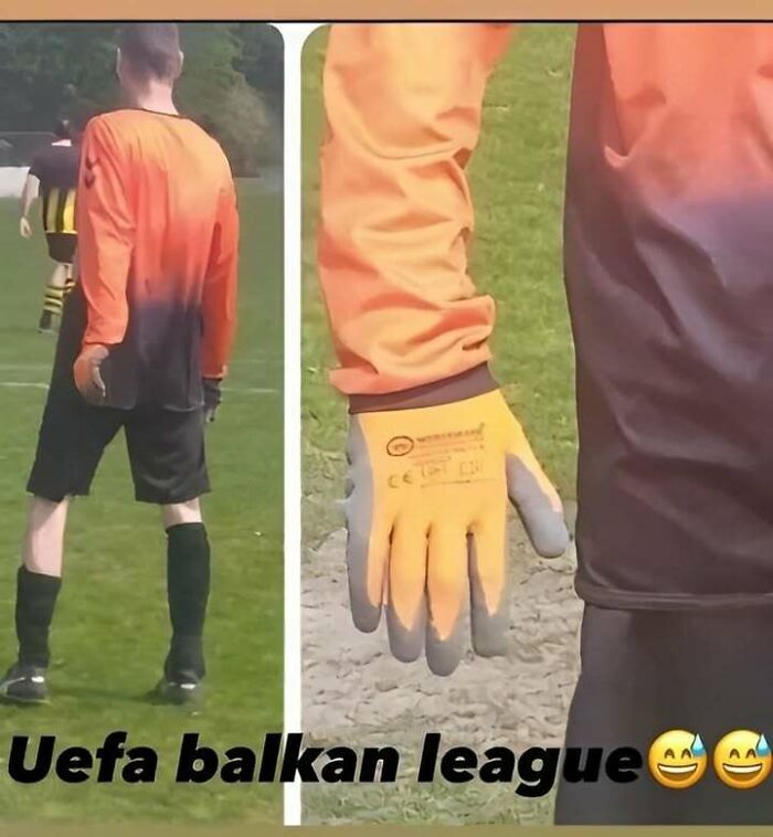 Soccer player on a field wearing a glove and a jersey stained with dirt in a funny Eastern European meme.