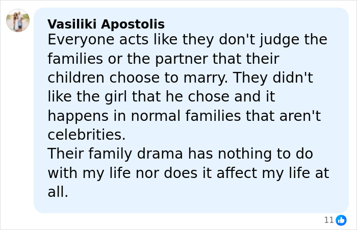Comment by Vasiliki Apostolis discussing family drama and judgment related to Brooklyn Beckham&rsquo;s viral family rift revelation.