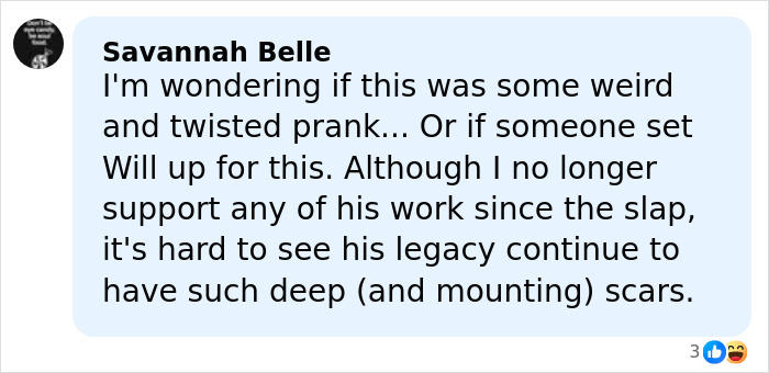 Facebook comment discussing public reaction to Will Smith accused of harassing and deliberately grooming a musician.