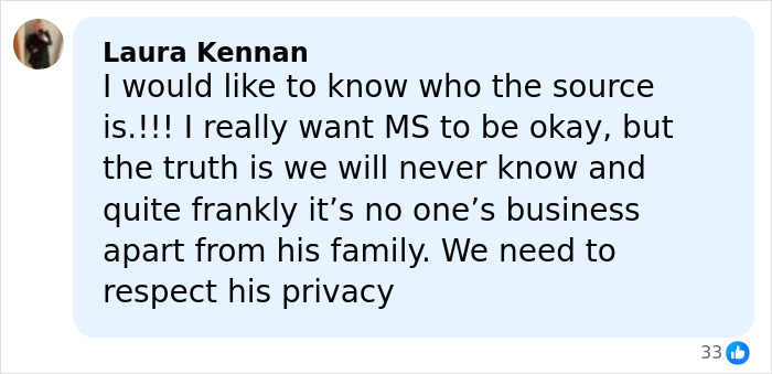 Comment from Laura Kennan expressing concern and respect for Major Michael Schumacher health update and his family&rsquo;s privacy.