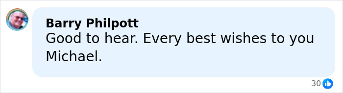 Comment from Barry Philpott wishing Michael Schumacher well, reflecting major Michael Schumacher health update impact.