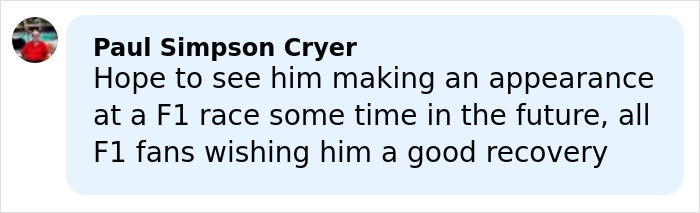 Comment from Paul Simpson Cryer expressing hope for Michael Schumacher's F1 appearance and wishing him a good recovery.