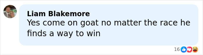 Comment praising Michael Schumacher as the greatest racer who always finds a way to win, reflecting fans' admiration.