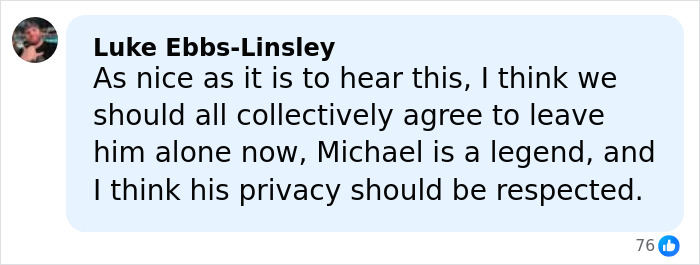 Comment by Luke Ebbs-Linsley discussing Michael Schumacher health update and respecting his privacy after F1 accident.