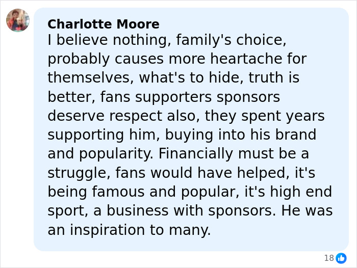 Comment expressing skepticism about Michael Schumacher health update, highlighting fans' respect and financial struggles after accident.