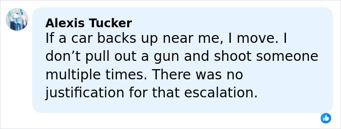 Comment by Alexis Tucker expressing concern over escalation in a shooting, mentioning no justification for the act.