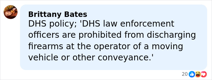 Comment by Brittany Bates discussing DHS policy on law enforcement use of firearms during vehicle operations.