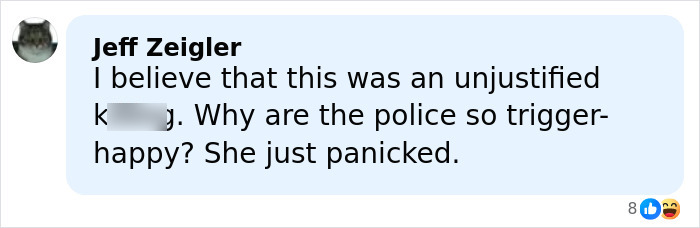 Comment by Jeff Zeigler expressing belief the k*****g was unjustified and questioning police being trigger-happy after woman slain by ICE