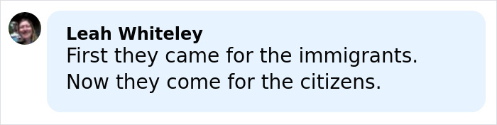 Chat message from Leah Whiteley about immigrants and citizens, related to mom of a 6-year-old slain by ICE in Minneapolis.