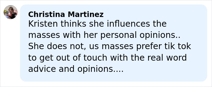 Comment from Christina Martinez discussing Kristen Stewart's influence on masses and opinions related to her possible US exit.