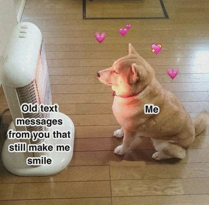 Shiba Inu dog labeled Me smiling at a heater labeled old text messages, surrounded by heart emojis for loving memes to send girlfriend.
