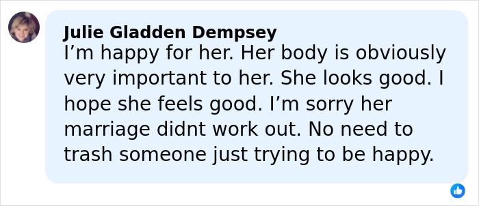 Commenter Julie Gladden Dempsey supports Amy Schumer amid backlash over bikini photos and recent divorce filing.