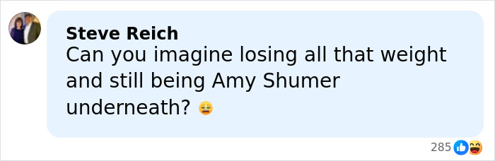Comment by Steve Reich humorously referencing Amy Schumer amid backlash over her bikini photos following divorce filing.