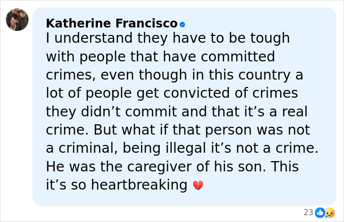 Comment expressing heartbreak over ICE not allowing detained father to attend son's funeral, highlighting injustice and caregiving.